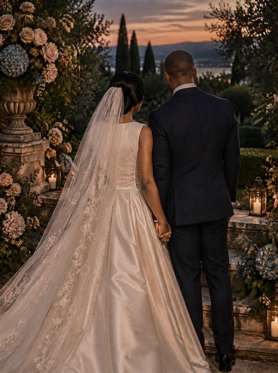 A bride and groom walking together, seen from behind