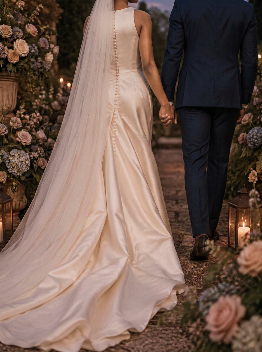 A Black bride and groom walking together, seen from behind